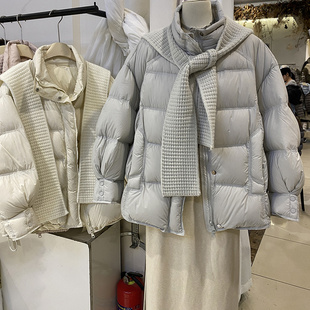 韩系设计感可拆卸针织披肩领羽绒服25冬女百搭连帽白鸭绒保暖外套