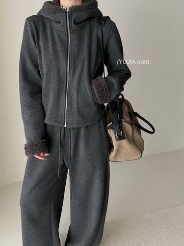 2025冬季新拉链长袖外套+高腰休闲裤两件套加绒加厚保暖休闲套装