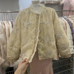 2025冬季新款新中式国风提花刺绣串珠亮片羽绒服水貂毛短款女外套