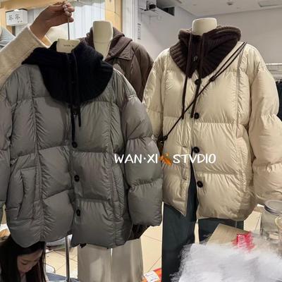 韩版针织连帽羽绒服女2025年冬季新款宽松百搭毛线帽泡芙感外套