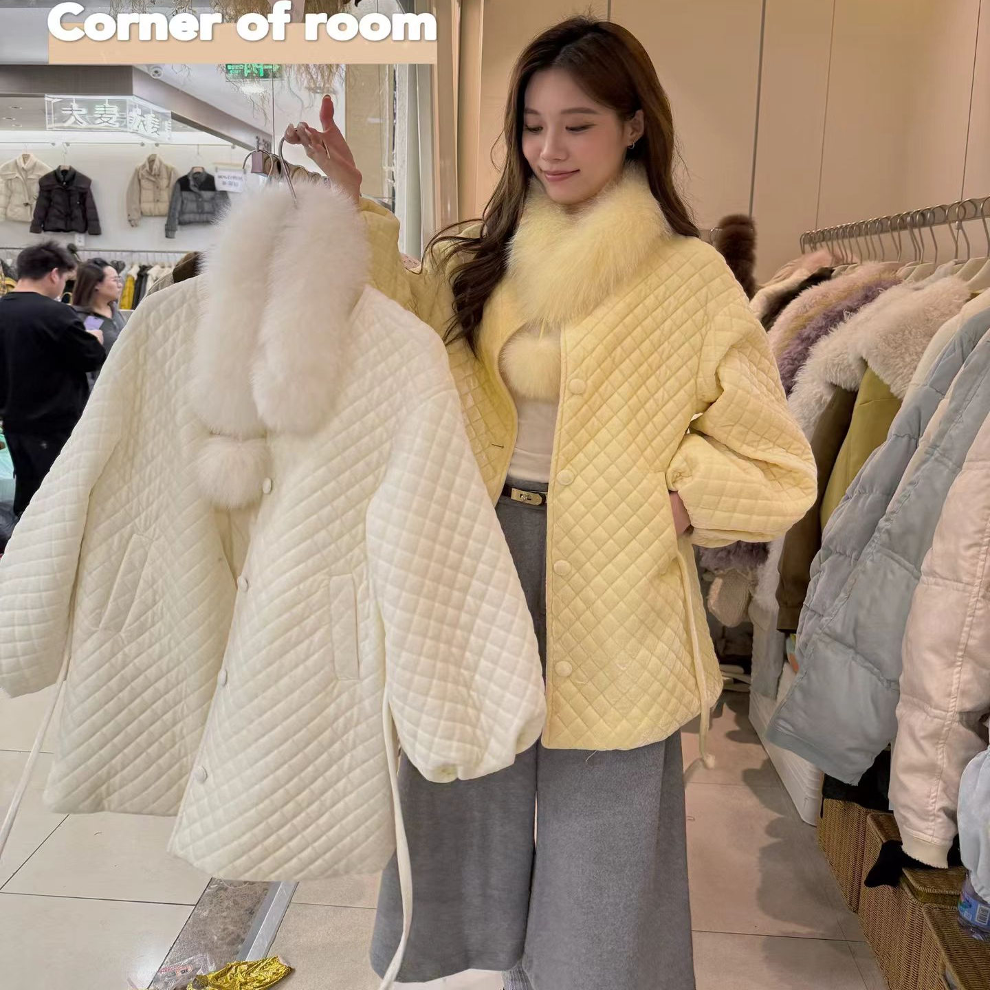 韩版菱形格大狐狸毛领中长款羽绒服内胆女2025冬季新款收腰上衣