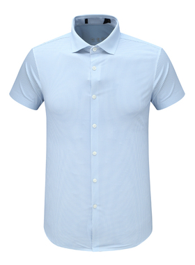 F3928鸟夏季男式短袖衬衫 百搭商务休闲上衣 蓝白色弹力