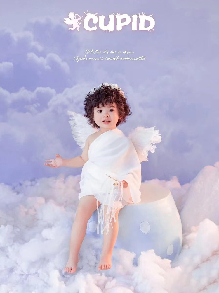 紫色云朵儿童周岁纪念照主图小天使油画背景布喷绘布艺术写真照影