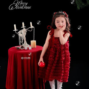 女童圣诞礼服摄影服装新年华丽风公主红色连衣裙蓬蓬裙喜庆蛋糕裙