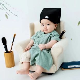 周岁摄影中式书生帽复古装汉服儿童拍照古风百天半岁儿童国学服装