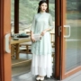 Mùa hè 2019 mới retro vẽ tay lụa nhăn tay áo cải tiến Hanfu trà Zen trong váy dài phụ nữ - Váy dài váy len body cổ lọ dáng dài