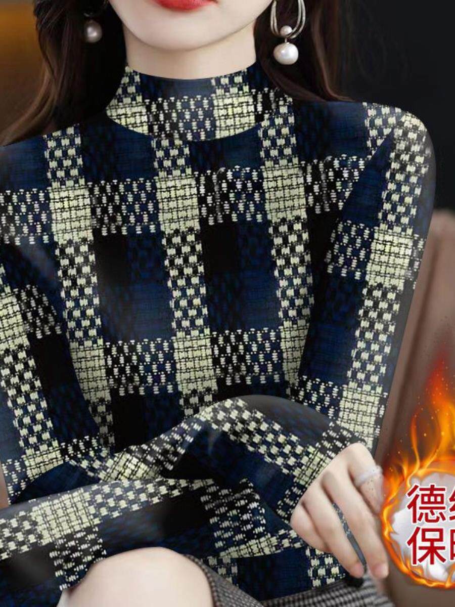 HALF-HIGH NECK VELVET BASE SHIRT WOMENS AUTUMN AND WINTER NEW FOREIGN PRINT LONG SLEEVE T-SHIRT LARGE SIZE THIN THERMAL TOP WOMEN