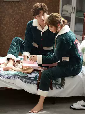 Couples pajamas winter women padded velvet warm coral velvet three-layer cotton flannel plus cotton men's home clothes