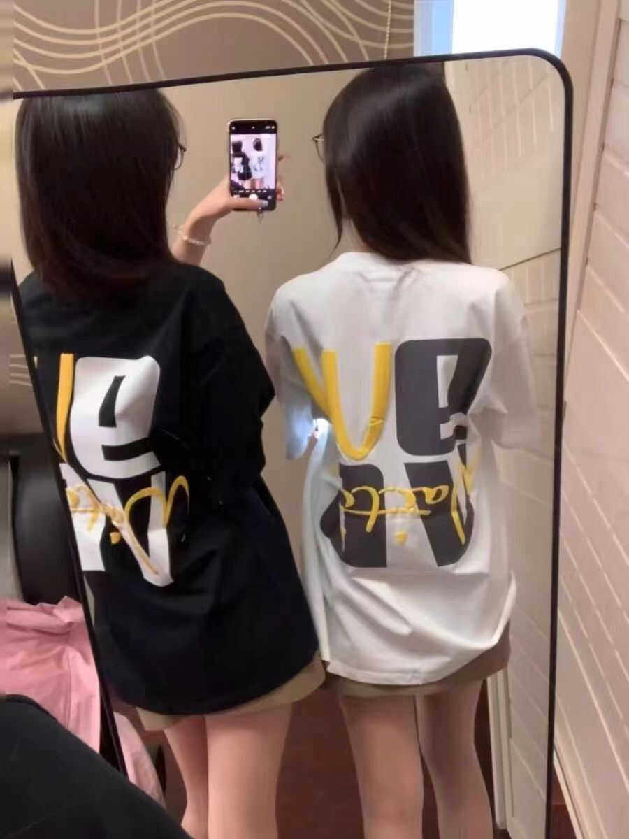 100%纯棉夏季新款字母印花短袖T恤男女韩版百搭宽松情侣ins上衣