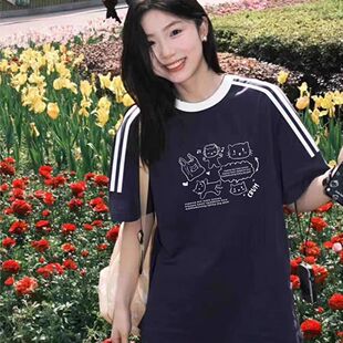 美式高街三条杠纯棉短袖t恤女夏季重磅初中生半袖小个子宽松上衣