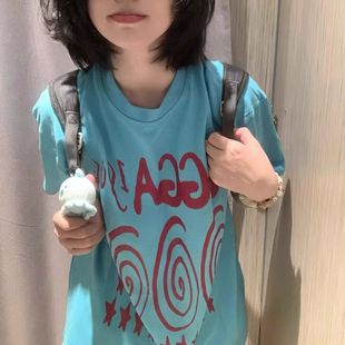 美式 字母印花重磅t恤宽松休闲情侣上衣ins 复古蓝色圆领短袖 女夏季