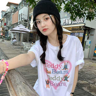 重磅纯棉卡通字母图案印花爱心可爱俏皮白色短袖t恤宽松半袖上衣