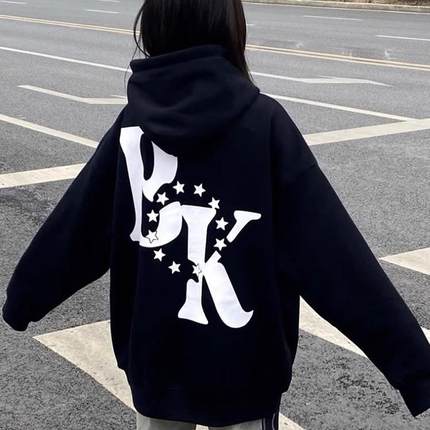 宽松新款校园风外套女秋冬款加绒加厚美式复古宽松连帽卫衣情侣装