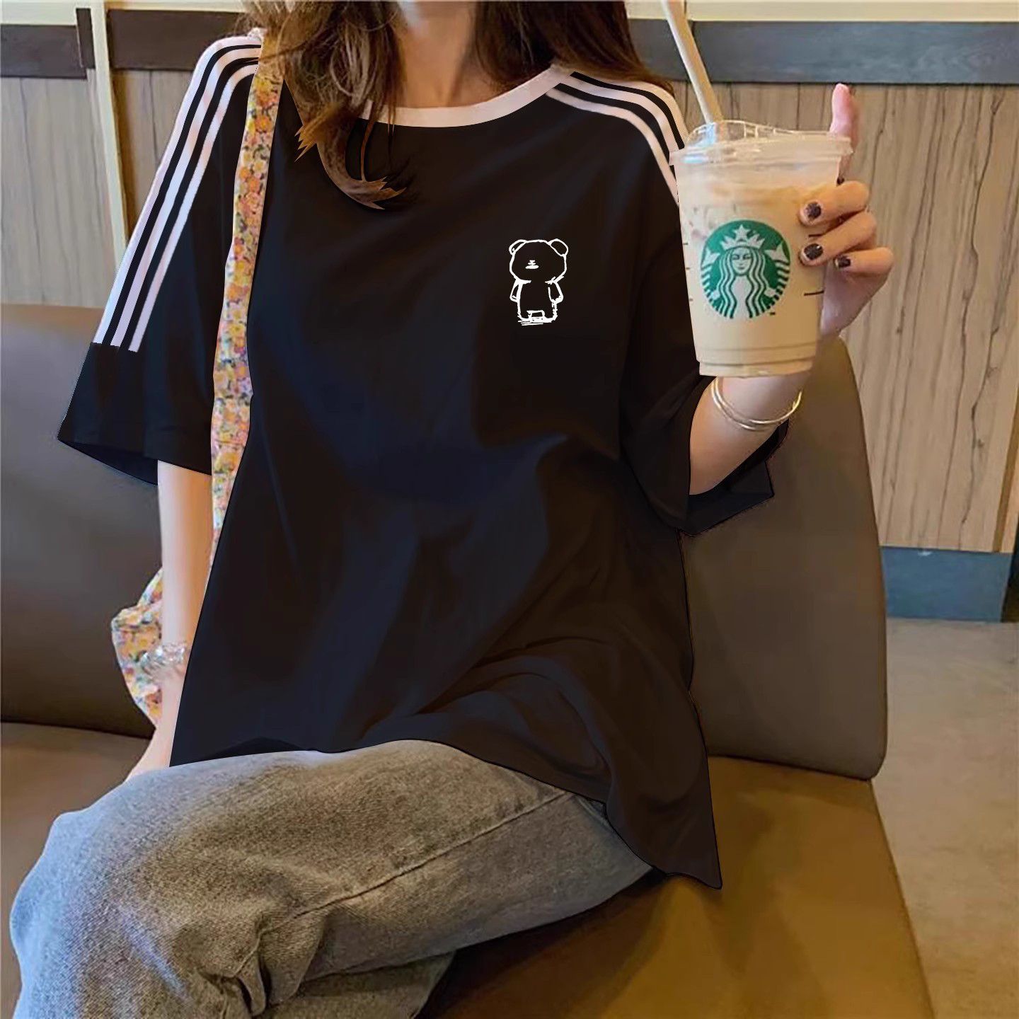 美式复古三条杠短袖t恤女纯棉