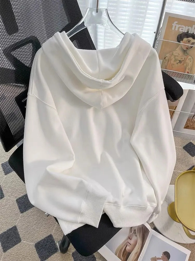 春季连帽白色卫衣女2024新款春秋薄款韩版宽松纯白小个子外套