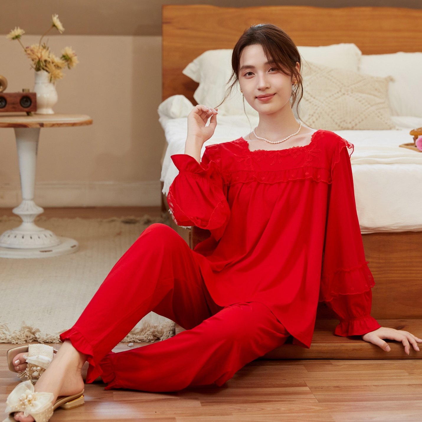 马年本命年大红色睡衣女纯棉长袖纯色花边家居服套装可外穿2026款