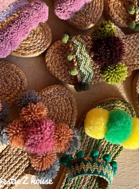 Thailand#泰国手工草编鞋网红毛球拖鞋撞色IG风欧美度假唯美沙滩