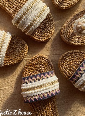 Thailand#泰国手工草编鞋网红毛球拖鞋珍珠IG风欧美度假唯美沙滩