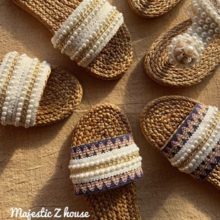 Thailand#泰国手工草编鞋网红毛球拖鞋珍珠IG风欧美度假唯美沙滩