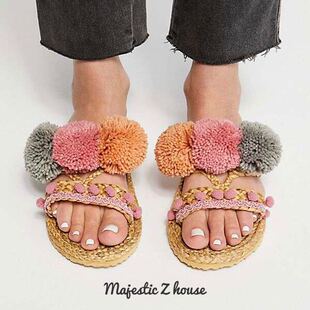 Handmade# Aruba Pom Pom Sandal 懒人草编毛绒球球凉鞋 夏季拖鞋