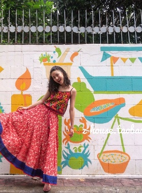 Thailand#handmade泰国手工长裙旅行长裙民族风半身裙红色碎花