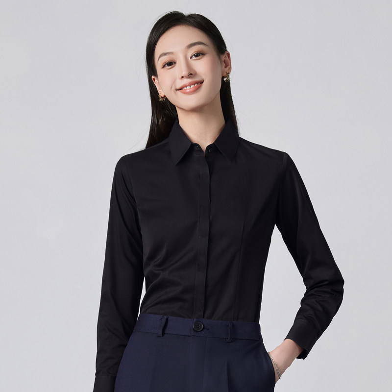 2026春通勤黑色长袖修身衬衫女