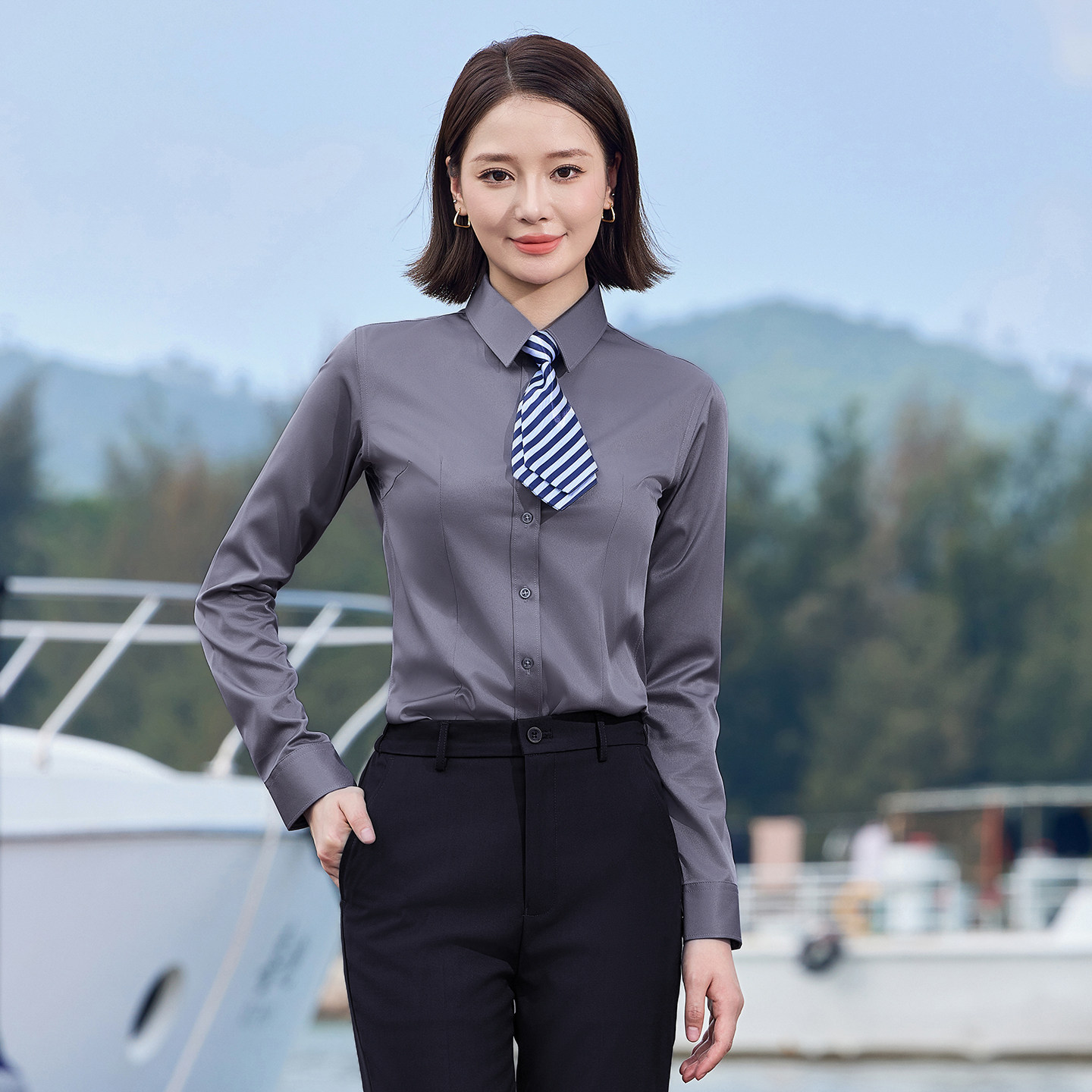 春秋商务免烫修身长袖衬衫女