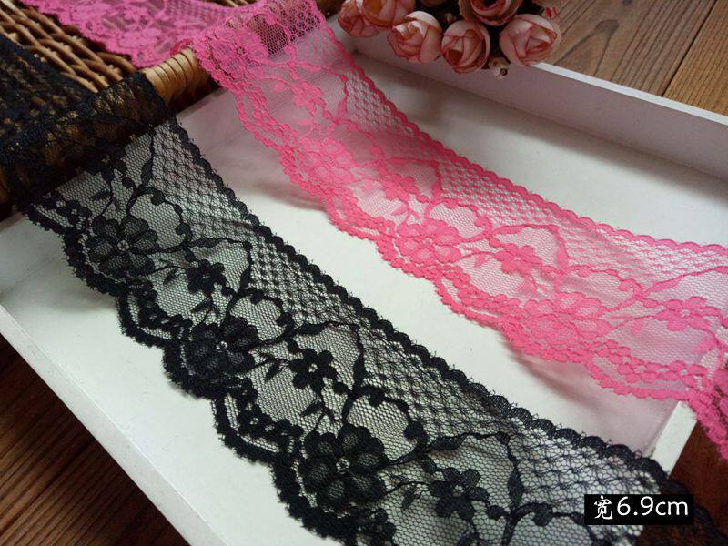 DIY服装辅料黑/玫红蕾丝轻薄无弹花边洛丽塔发带装饰辅料宽6.9cm