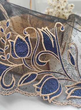 宽19cm闪金深蓝色刺绣黑色网纱花边服装内衣花边辅料裙边装饰材料