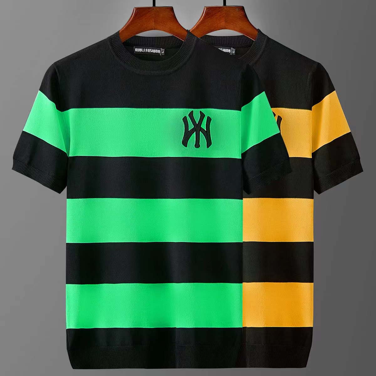 冰丝短袖t恤刺绣条纹加肥加大针织衫圆领2023年夏季新款休闲上衣