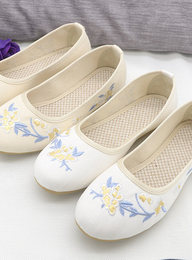 新中式汉服旗袍绣花平底老北京布鞋女一脚蹬古风民国风刺绣亚麻鞋