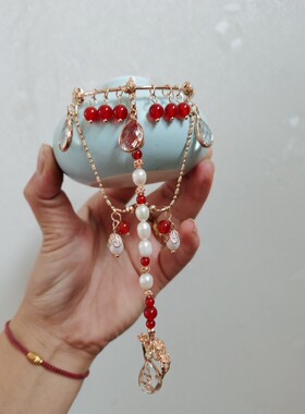 汉服戒指一体式红玛瑙珍珠手环