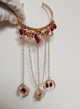 汉服配饰铜镀金暗红色戒指手镯一体式华丽百搭原创保色古风手镯