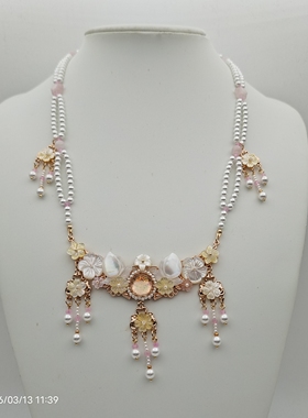 闲时原创汉服配饰古风渐变蝶贝仿珍珠流苏软璎珞项链百搭日常款铜