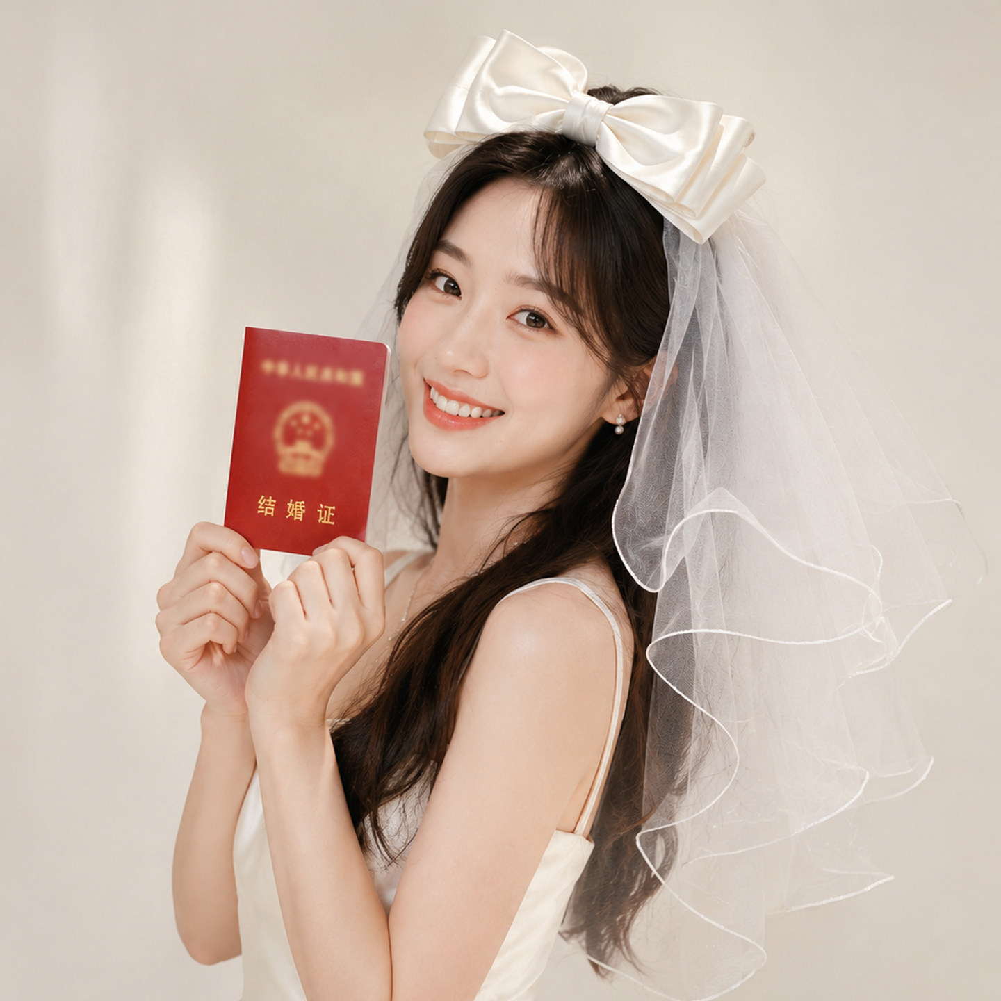 简约轻奢白色素纱钉珠头纱新娘领证登记户外拍照结婚订婚精美头饰