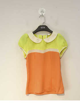 夏款 撤柜品牌 季*风 撞色拼接娃娃领舒适上衣女 8371CC451