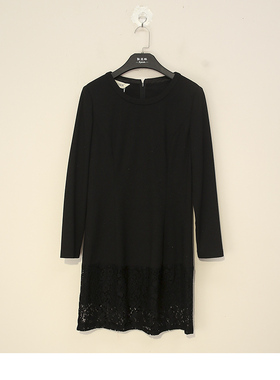 春秋款 撤柜品牌 贝系列 黑色弹性商务蕾丝拼接长袖连衣裙63032G