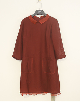 23春夏款 法国品牌 蕾D 红色拼接网纱娃娃领七分袖连衣裙 25424