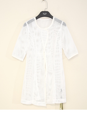 23夏款 法国品牌 蕾D 网纱镂空收腰圆领风衣短袖外套女 L5SB11015