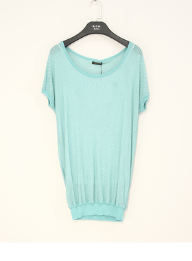 23夏款 法国品牌 蕾D 蓝色圆领套头通勤短袖针织上衣 L4PB15038