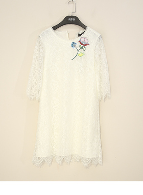 夏款 台湾品牌 伽* 白色直筒文静优雅蕾丝刺绣中袖连衣裙 H87196E