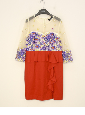 春夏 高定重工 出口欧洲站 木耳拼接蕾丝拼接中袖连衣裙 ML16241#