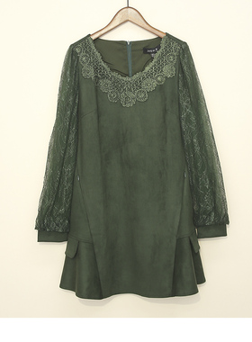 23年春秋季 台湾名品 伽* 仿麂皮绒气质蕾丝长袖连衣裙 80643E