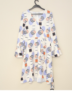 春装 欧美轻奢 佛*伍* V领显瘦a字连衣裙桔梗印花裙子 1PECL012