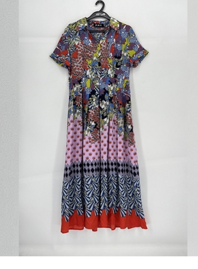 夏款 撤柜品牌 欧L锦系列 翻领印花度假风收腰连衣裙女 9407