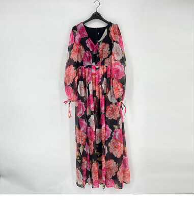 大花印花V领大摆裙连衣裙