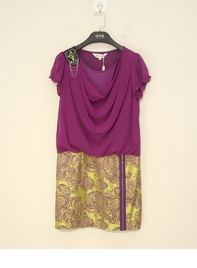 夏款 撤柜品牌 贝系列 紫色时尚拼接商务职业短袖连衣裙女 034G