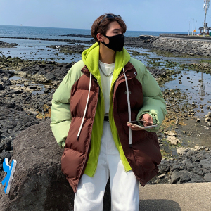 假两件羽绒服男2023男款冬拼色连帽青少年潮牌羽绒棉衣加厚外套男