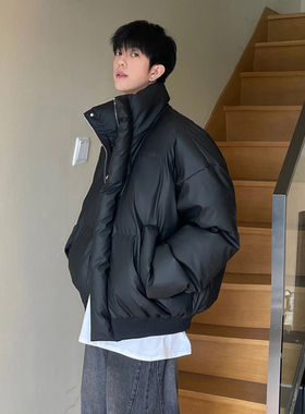 美式羽绒服男短款立领PU软皮加厚保暖东北棉服黑色青年潮牌外套冬