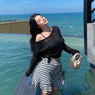 女温泉大码 条纹分体裙三件套 泳衣女显瘦200斤 罩衫 慵懒风露肩长袖